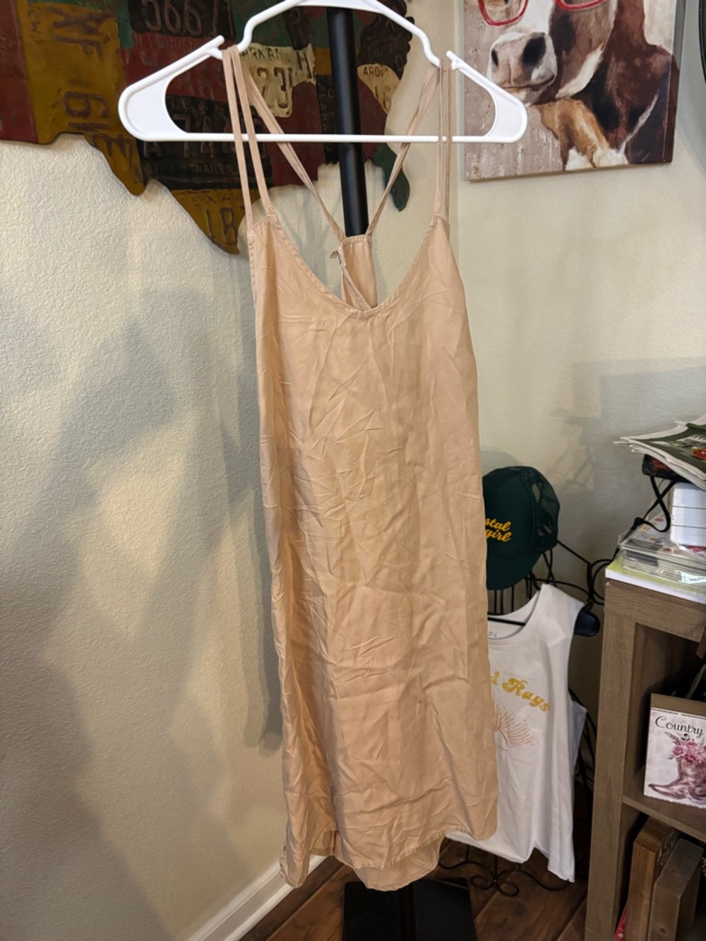 Light Tan Mini Slip Dress with Double Straps - Picture 6 of 6
